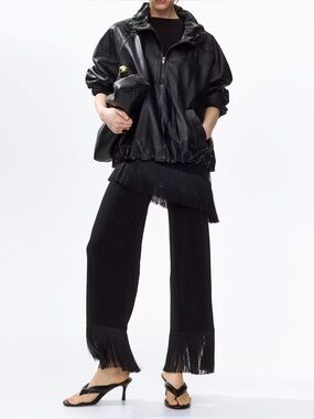 H&M Fringed-Trimmed Jersey Pants in Black  Size medium
